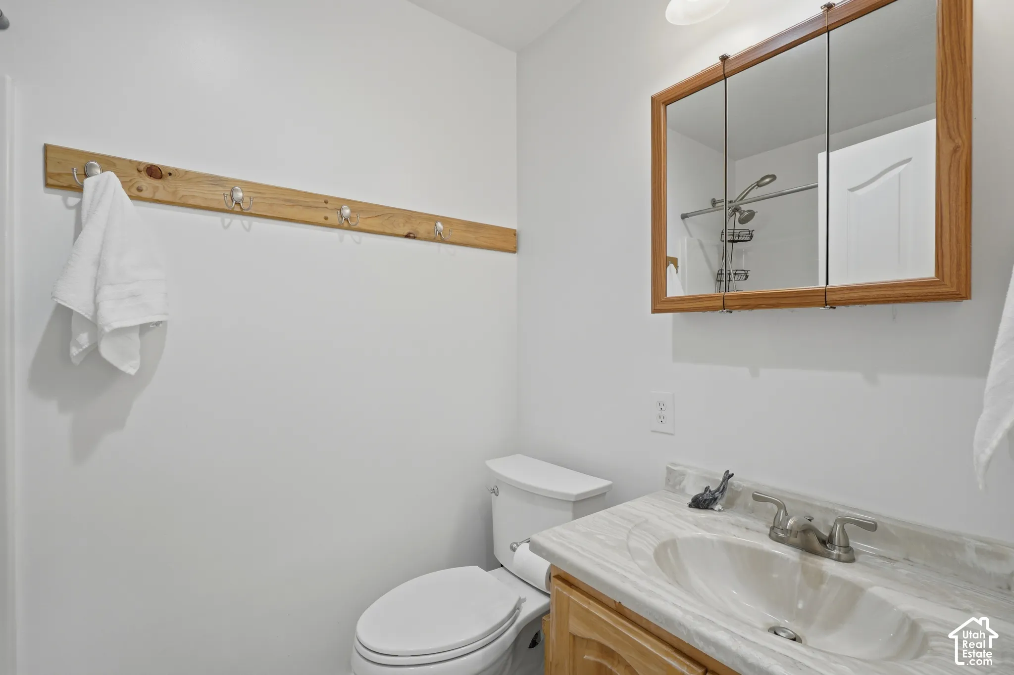 White vanity with an integrated sink and brushed nickel faucet, wood-finish medicine cabinet, and white toilet