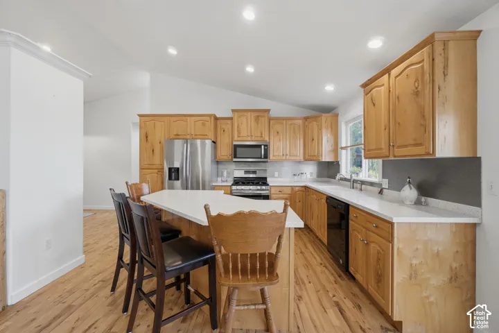 Vaulted ceilings, wood-finish flooring, light wood cabinetry, white countertops, and stainless steel appliances