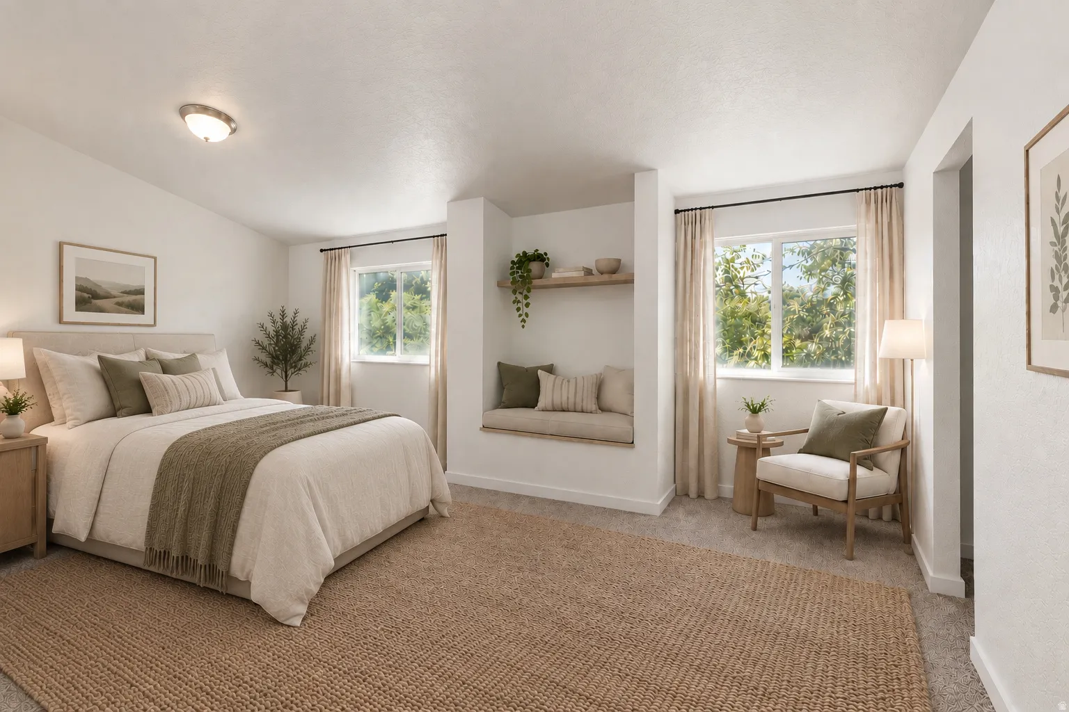 Recessed window nook with built-in seating, dual windows, and ceiling-mounted light fixture(photo is virtually staged with ai)