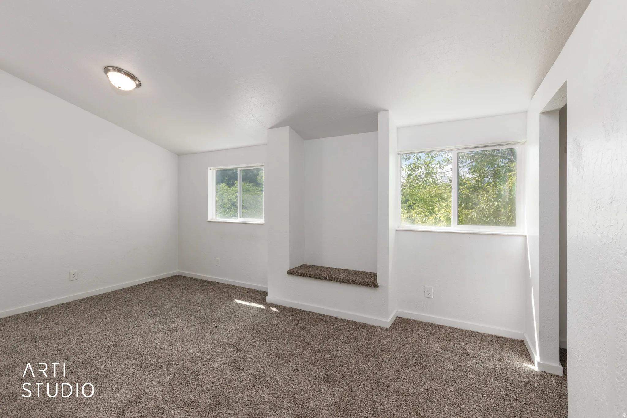 Carpeted room featuring multiple windows, a ceiling-mounted light fixture, and a built-in ledge