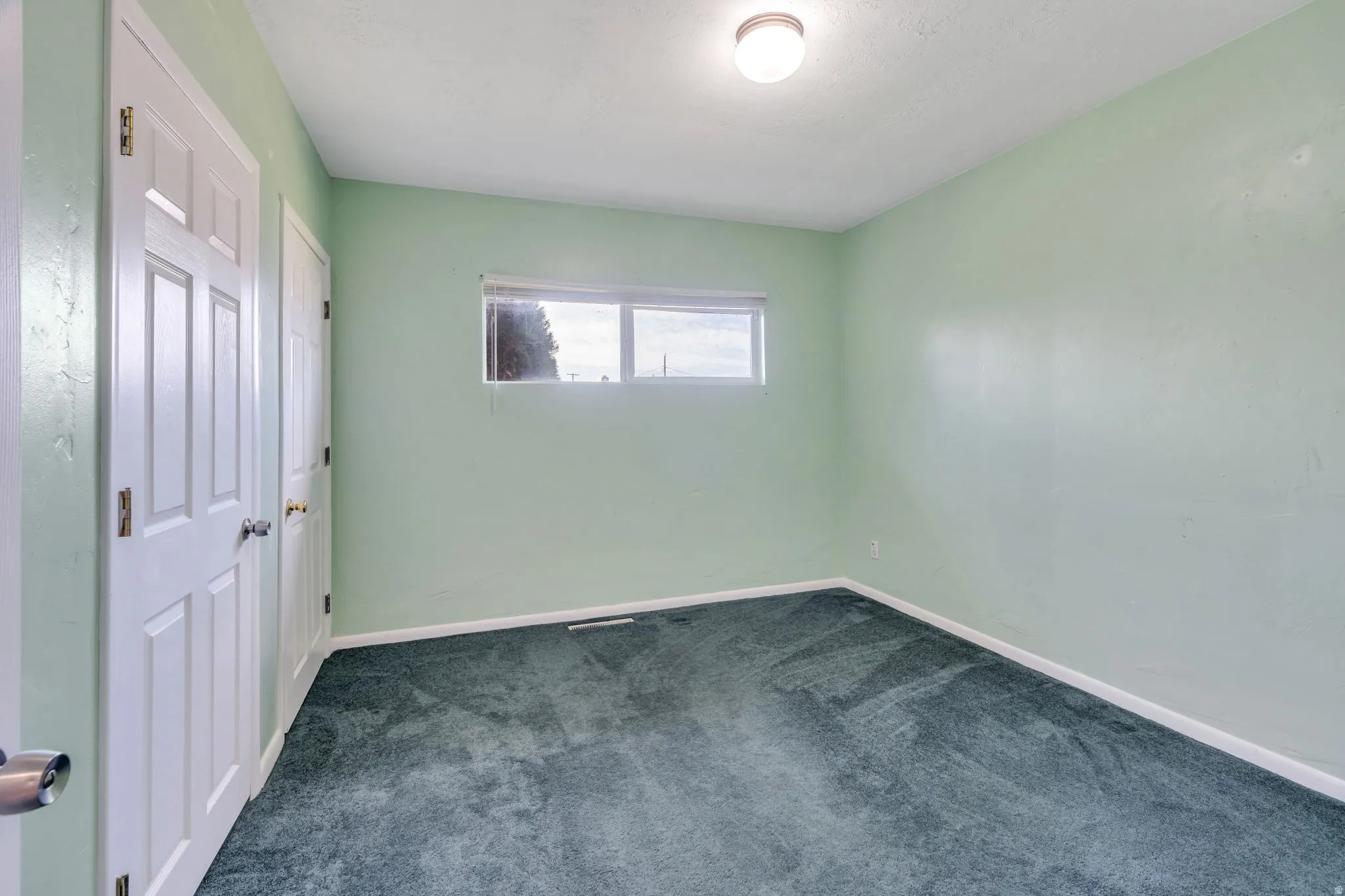 Two closets with white doors, a single window, and a flush mount ceiling light fixture