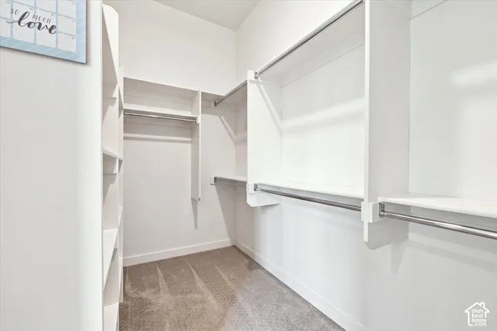 Built-in shelving, multiple hanging rods, white-painted walls, and carpet flooring