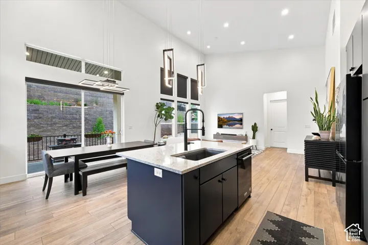 Open-concept living area with high ceilings, light wood-finish flooring, and a kitchen island featuring a deep sink and countertop