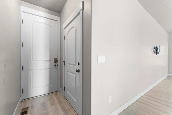 Light-toned wood-finish flooring, two white panel doors with arched top panels, and a neutral wall color