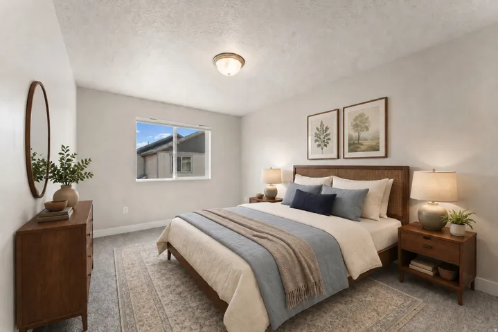 Recessed window with white trim, wall-to-wall carpeting, and a flush mount ceiling light fixture