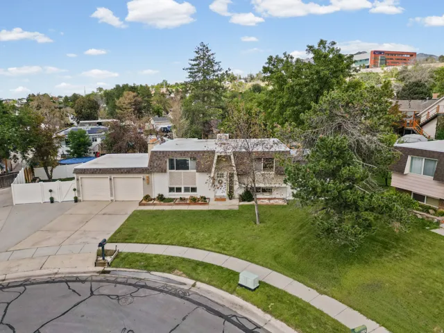 Two-car garage with white doors, expansive paved driveway, and established front landscaping