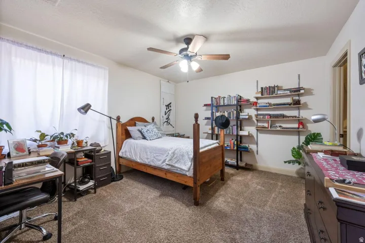 Carpeted flooring, ceiling fan with light fixture, and built-in shelving units