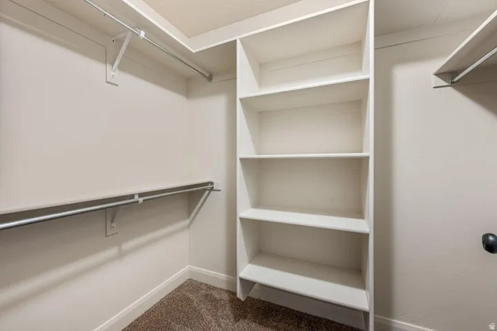 Built-in shelving unit with multiple shelves, metal hanging rods, and carpet flooring