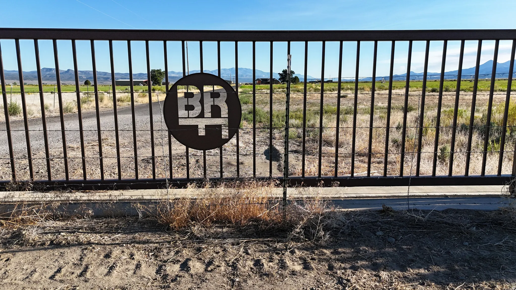 Black wrought iron gate featuring a custom circular emblem