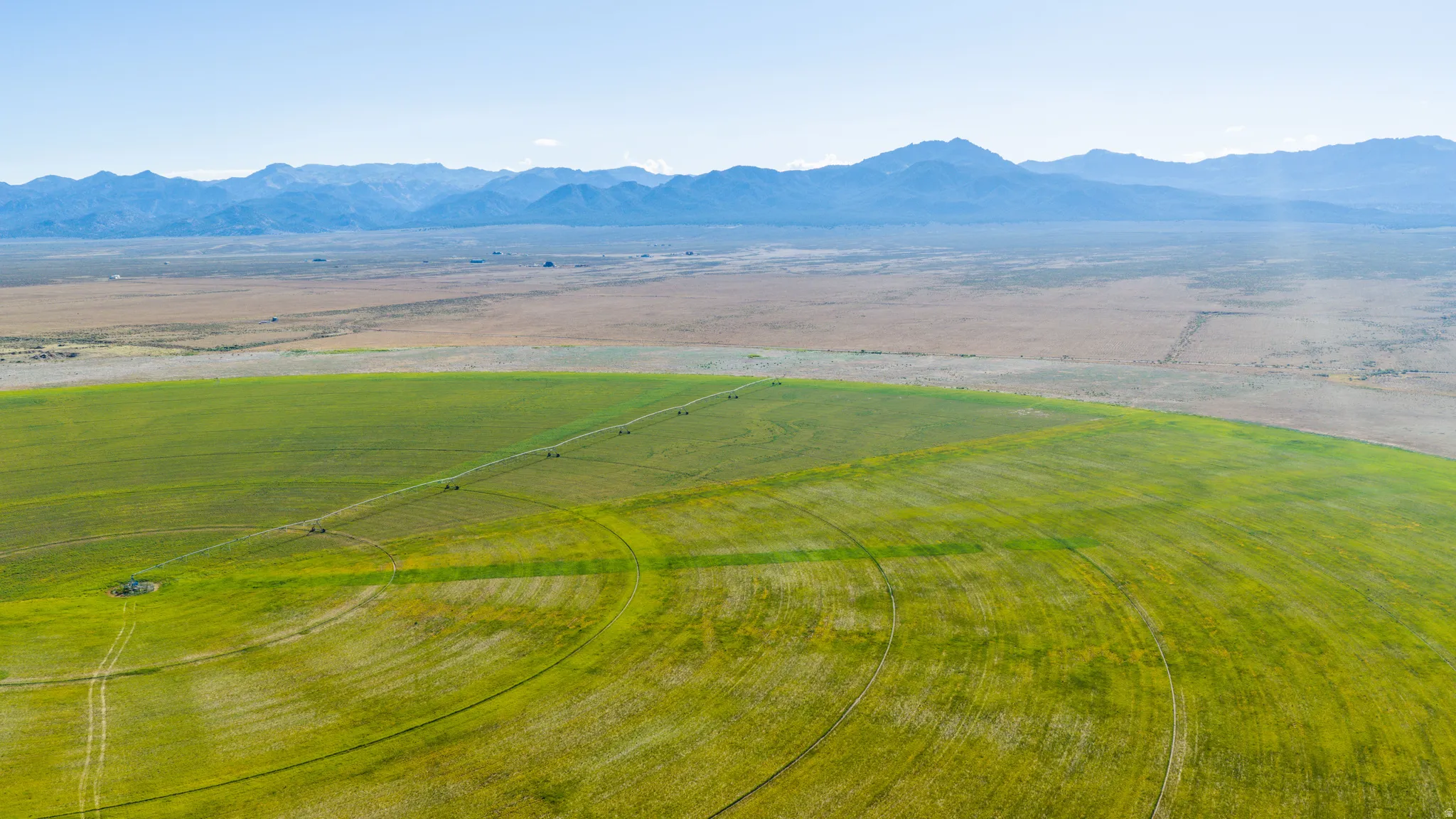 Expansive agricultural land featuring a verdant field with circular irrigation patterns