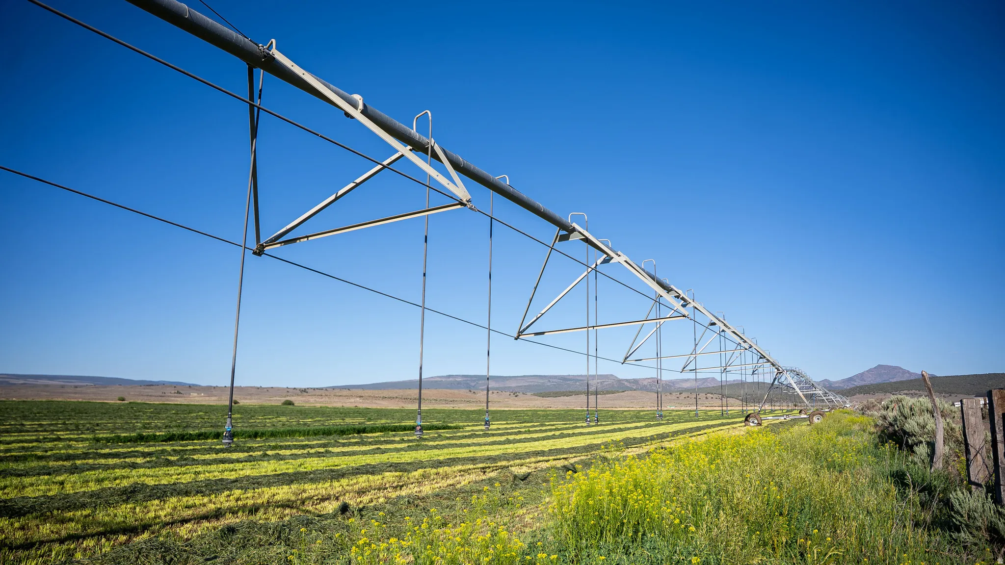 Expansive agricultural land featuring a center-pivot irrigation system