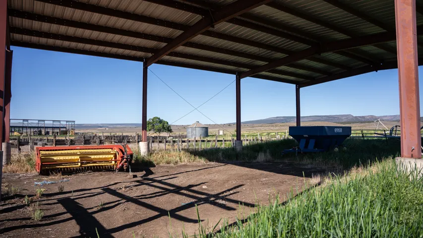 Open-sided metal structure with a corrugated roof, supported by robust metal columns