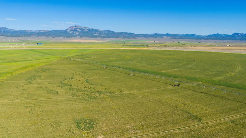 Expansive agricultural land featuring a center pivot irrigation system and distant mountain ranges