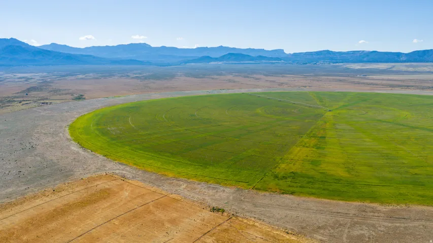 Expansive agricultural land featuring a central pivot irrigation system