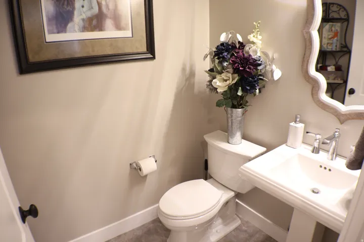 Pedestal sink with chrome faucet, white toilet, and decorative wall mirror