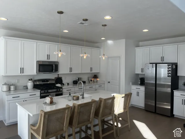 Spacious kitchen featuring an expansive island, stainless steel appliances, abundant white cabinetry, light-toned countertops, and recessed lighting