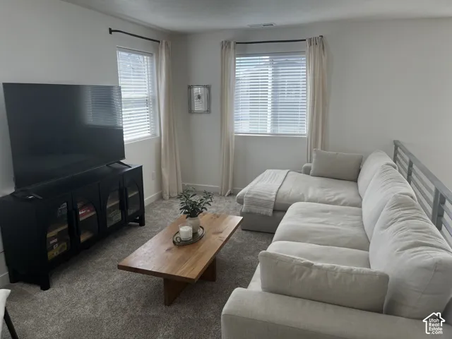 Bright living area featuring neutral wall paint, carpeted flooring, and a contemporary metal railing
