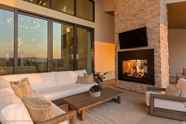 Stacked stone fireplace with a built-in firebox