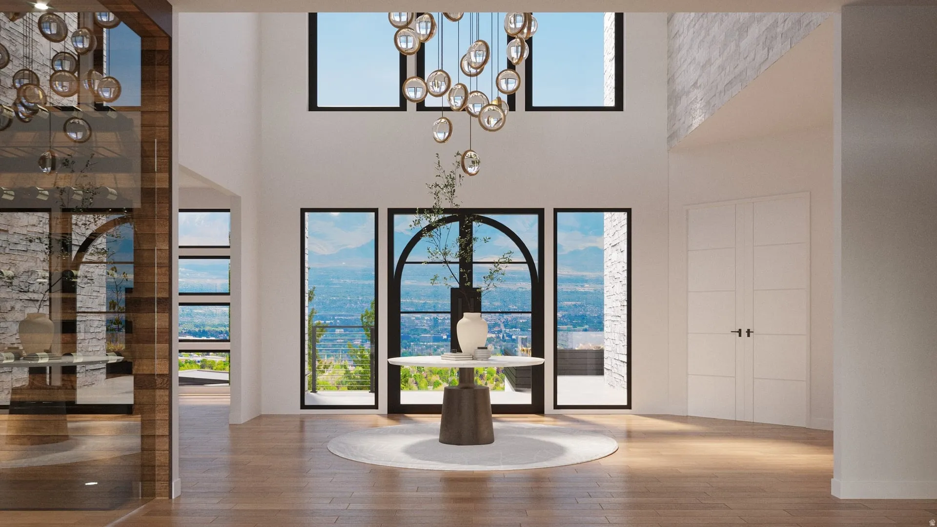 Double-height entry with light wood-finish flooring, a contemporary chandelier, tall arched windows, and paneled double doors