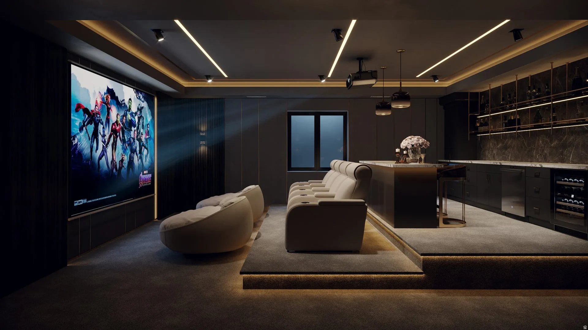 Dedicated media room featuring a large projection screen and built-in wet bar