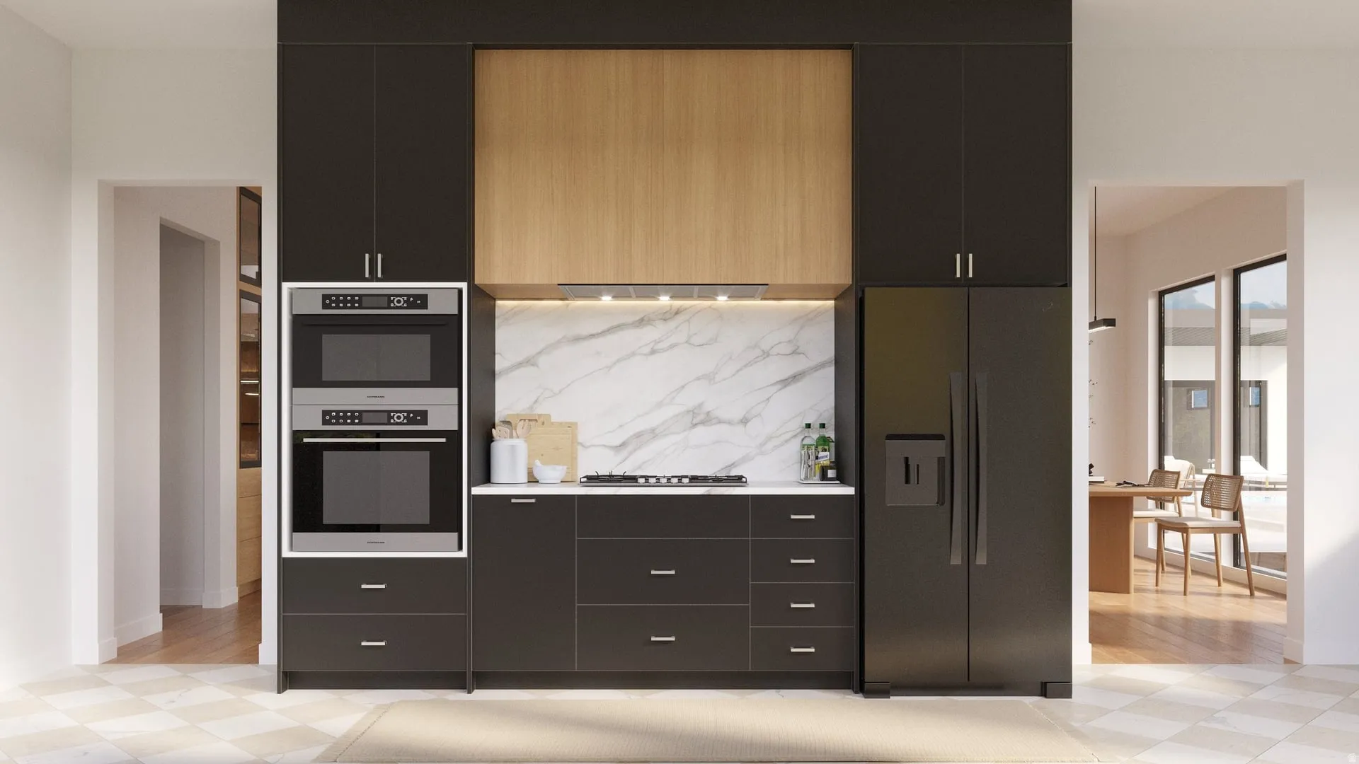 Integrated stainless steel appliances, dark cabinetry, wood-finish accents, white stone countertops, and a full-height stone backsplash