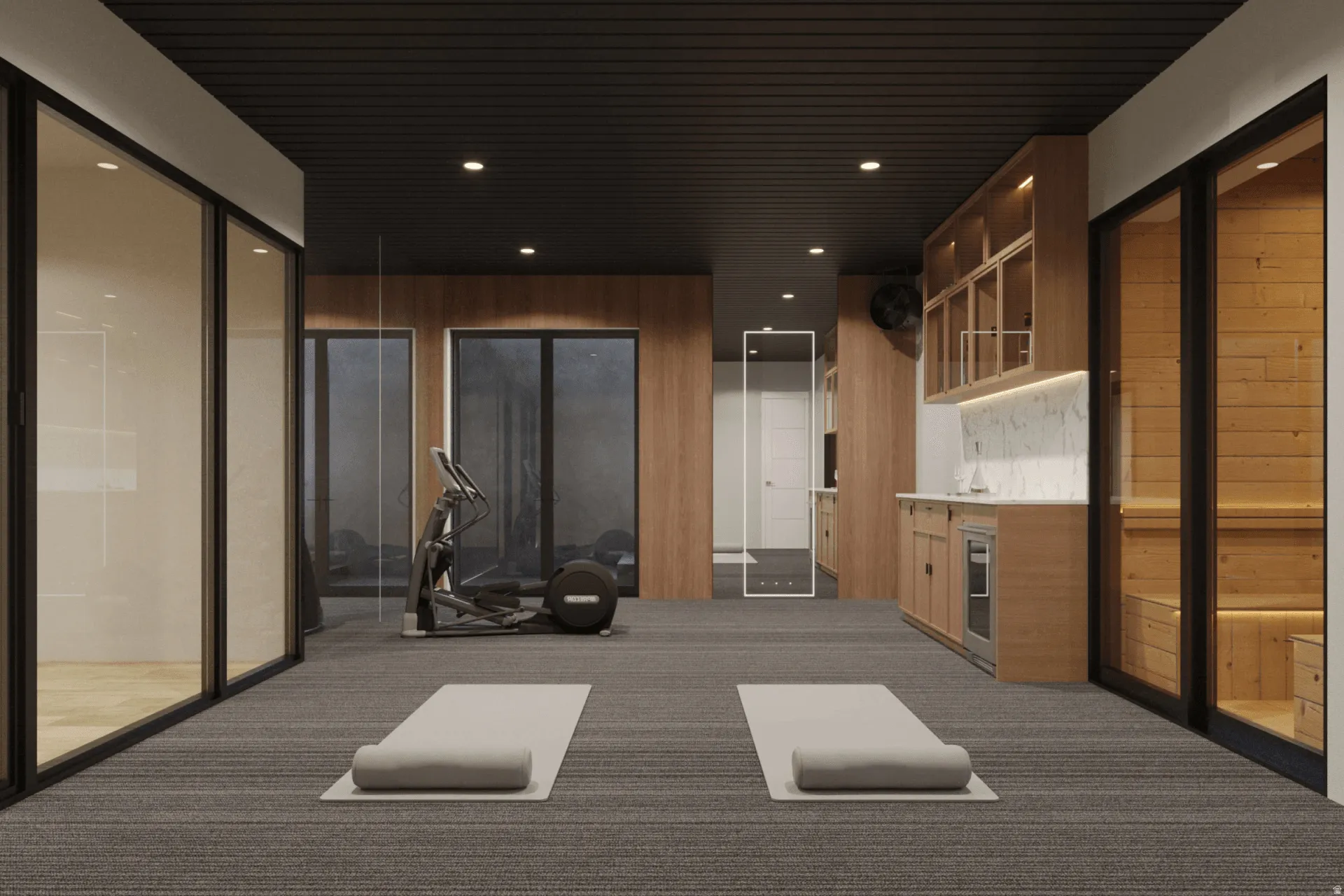 Recreational space featuring wood-finish walls, built-in cabinetry, a wet bar with a marble-finish backsplash, and a sauna with a glass door