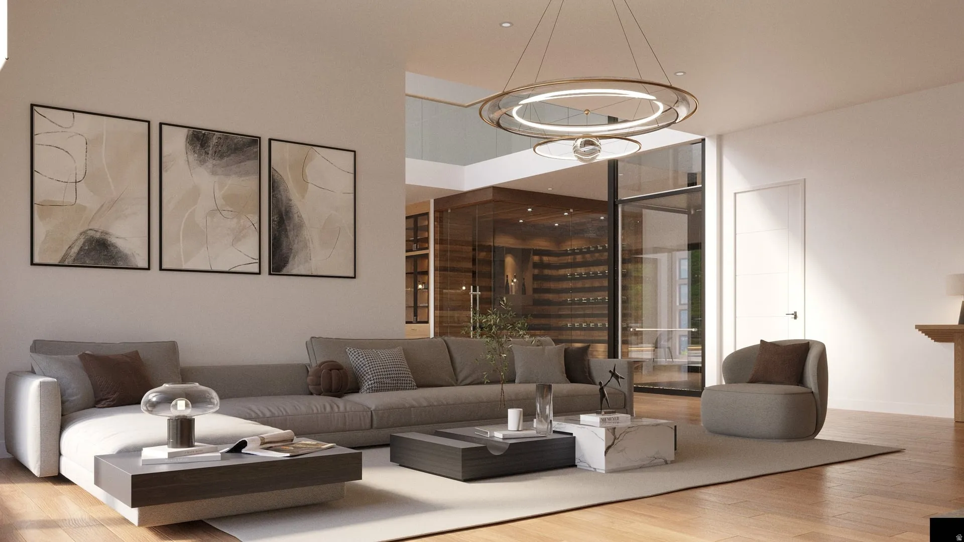 Spacious living area featuring wood-finish flooring, a modern chandelier, and a glass-enclosed wine display