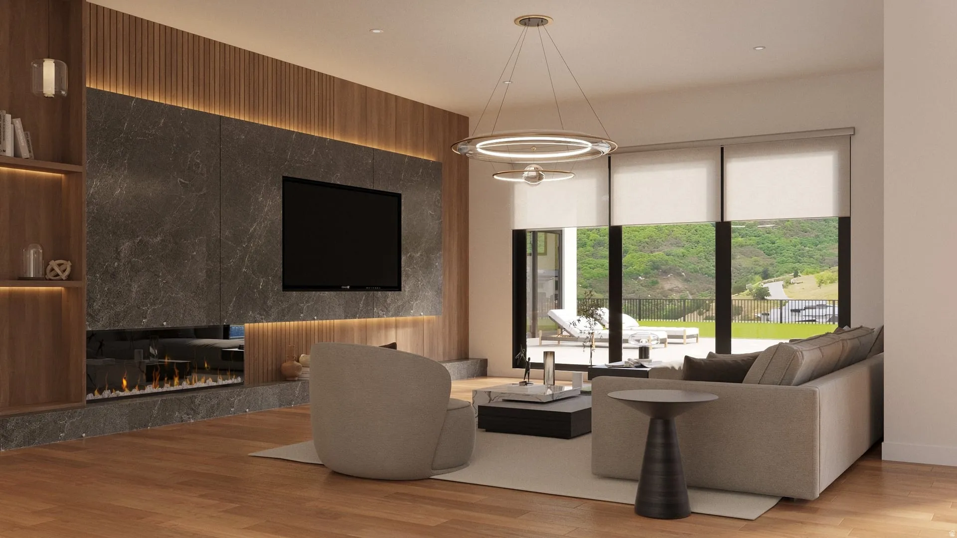 Wood-finish flooring, accent wall with vertical wood paneling, integrated wall shelving, large format stone-finish tile, and a built-in linear fireplace