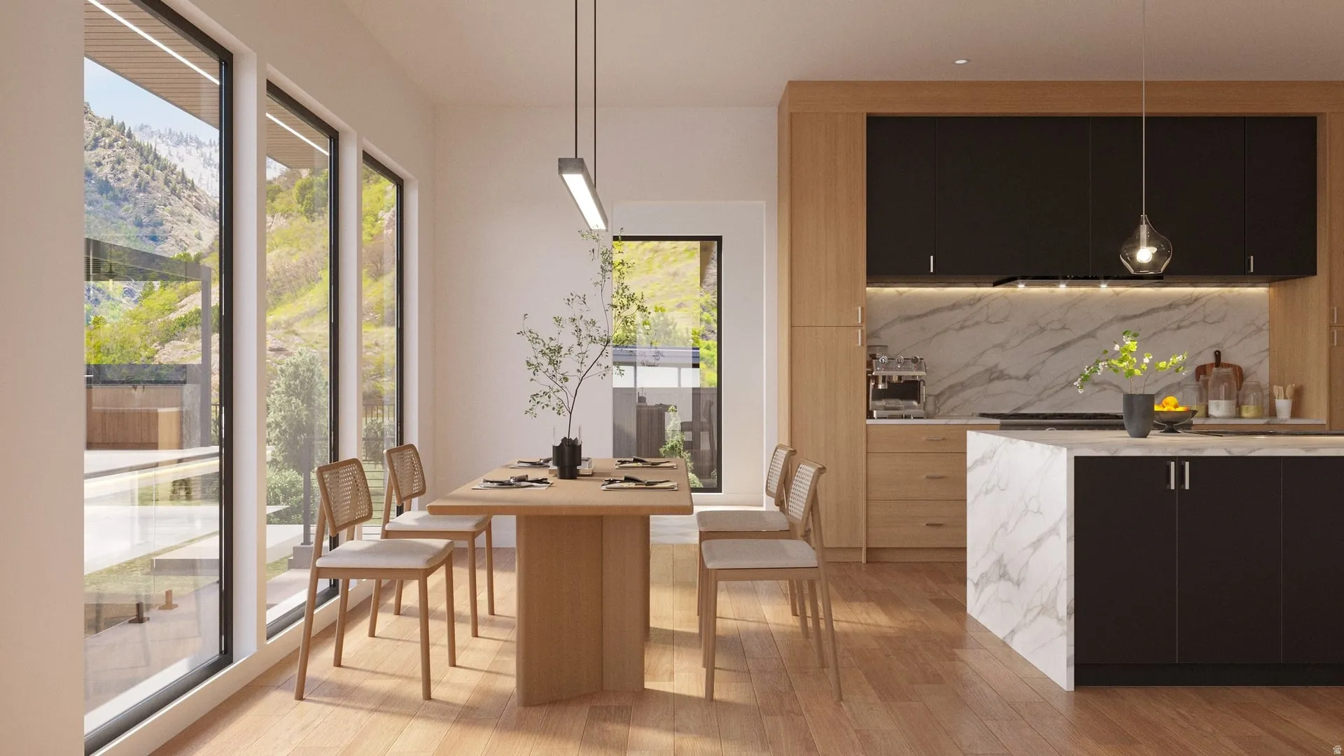 Expansive floor-to-ceiling windows, wood-finish flooring, light wood cabinetry, dark flat-panel cabinetry, and a waterfall island with a marble-style finish