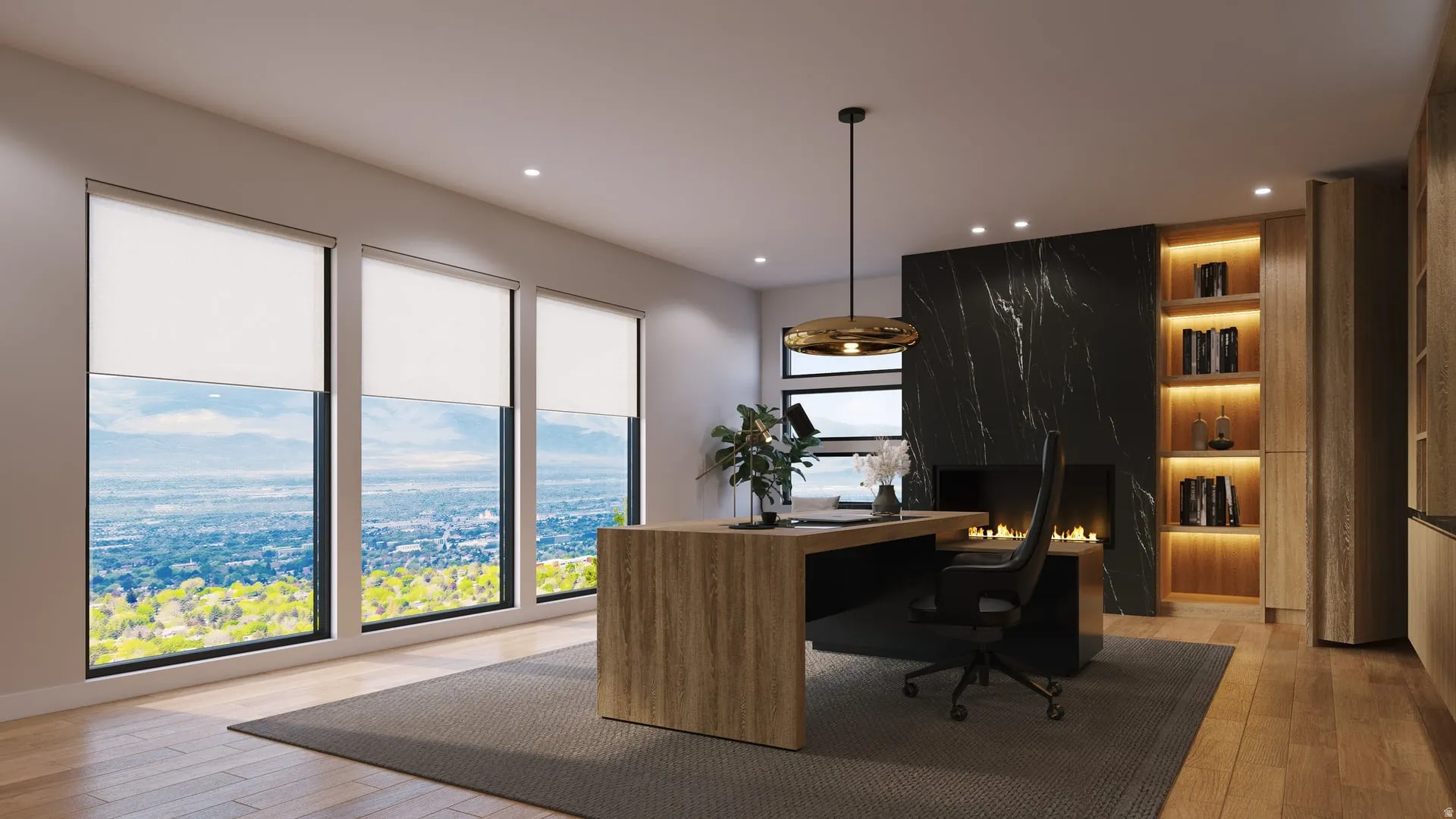Expansive windows, wood-finish flooring, built-in shelving, black marble fireplace, and recessed lighting