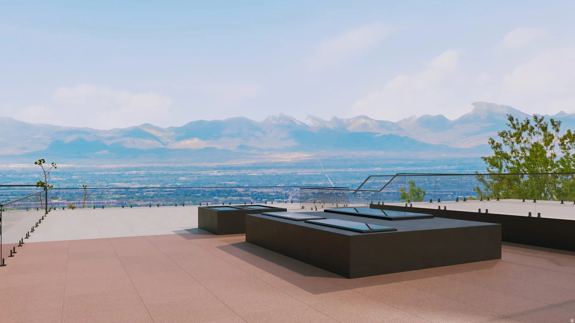 Expansive outdoor patio featuring glass railings, a natural stone-look surface, and built-in landscape elements