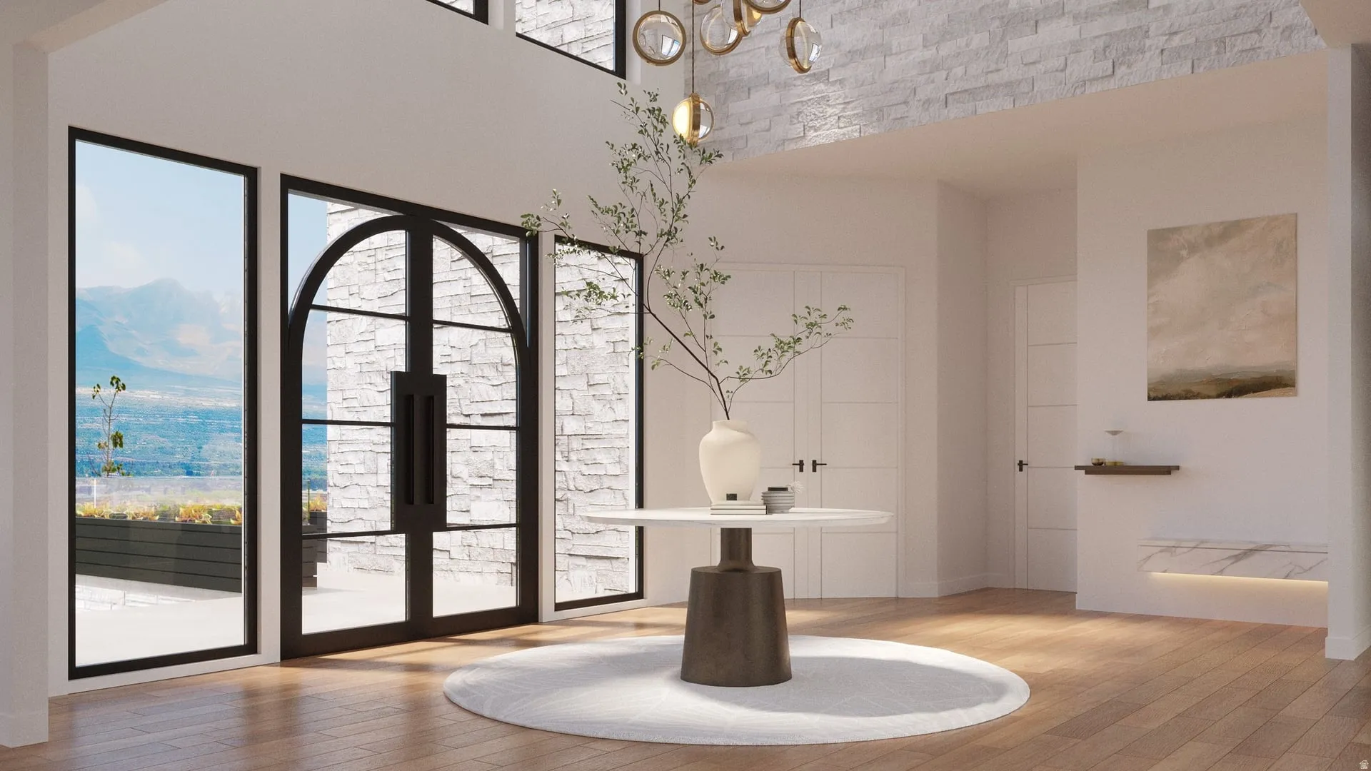 Grand entryway featuring arched double doors, side windows, light wood-finish flooring, and a stone accent wall
