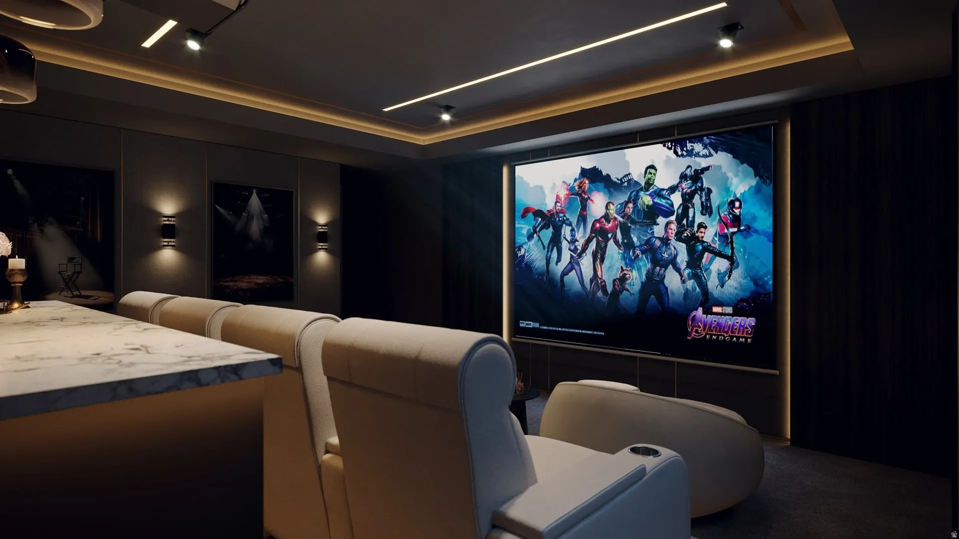 Integrated media room featuring a large projection screen, recessed ceiling lighting, and wall-mounted sconces