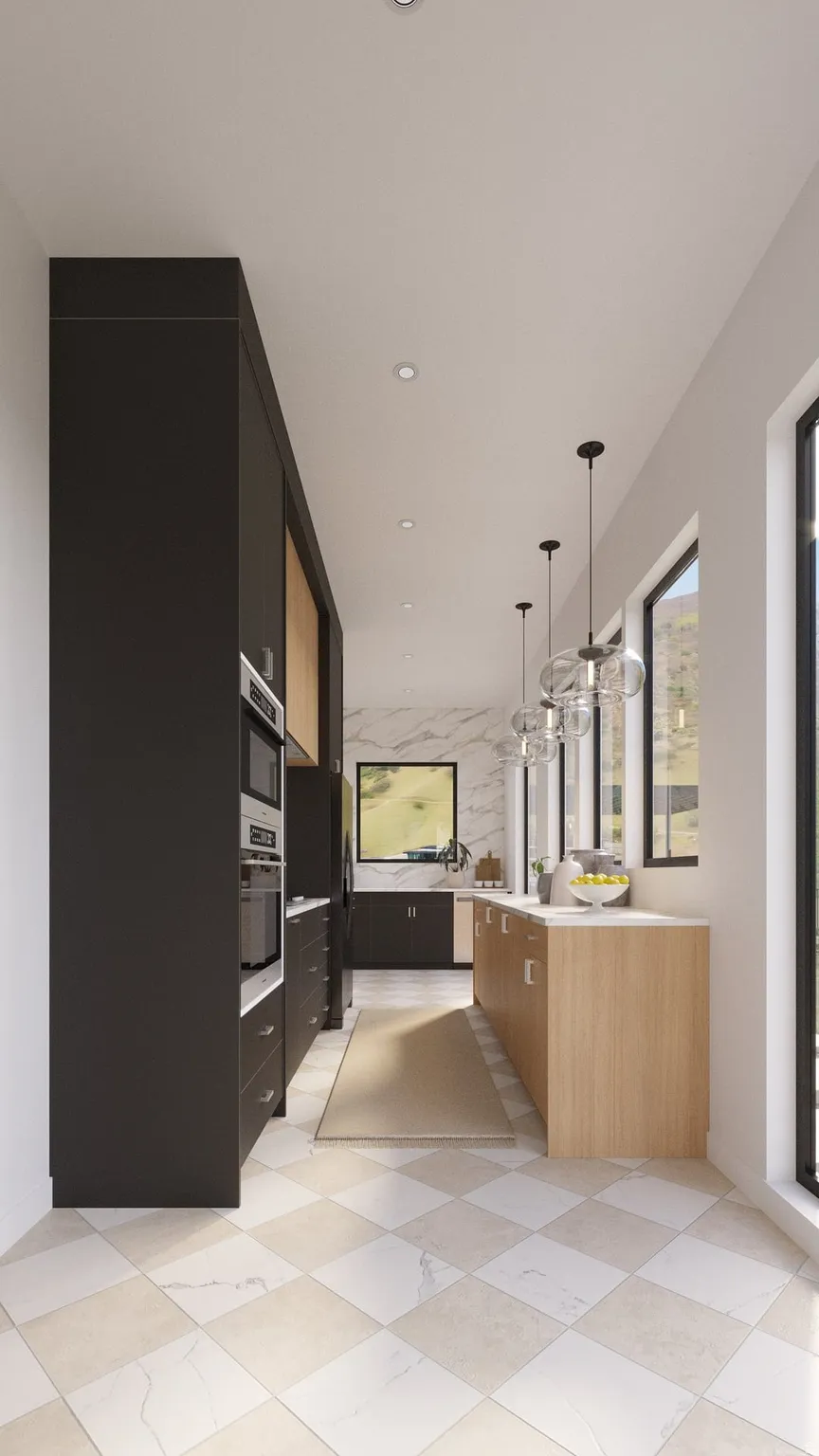 Kitchen with checkerboard tile flooring, built-in ovens, wood-finish cabinetry, and recessed lighting