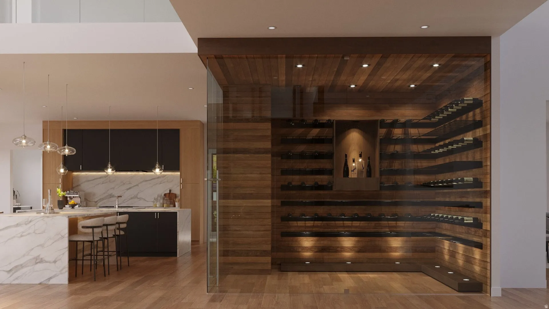 Custom glass-enclosed wine cellar with wood paneling and integrated lighting