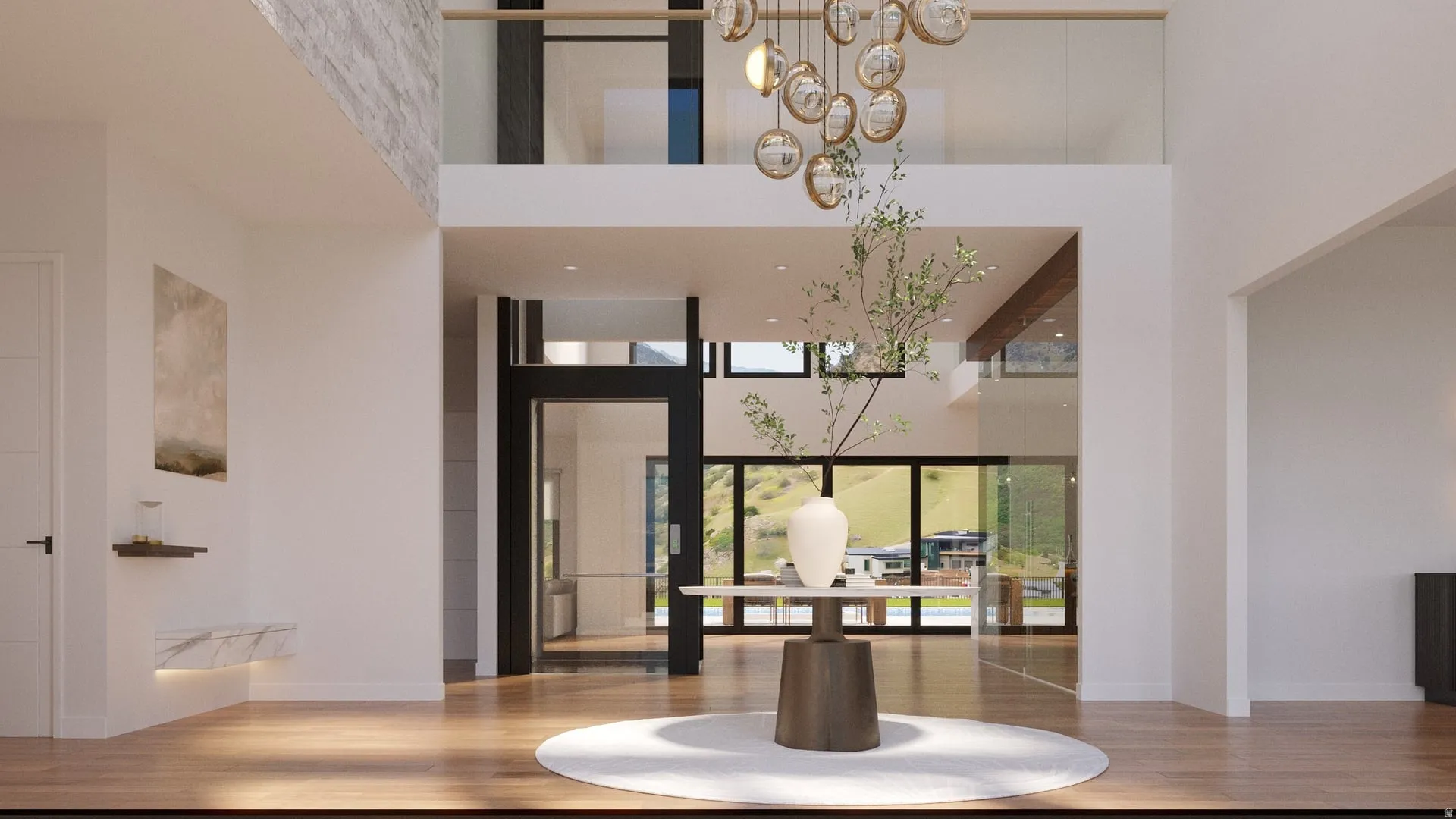 Grand entry foyer featuring a two-story ceiling, wood-finish flooring, a contemporary chandelier, and a glass-enclosed elevator