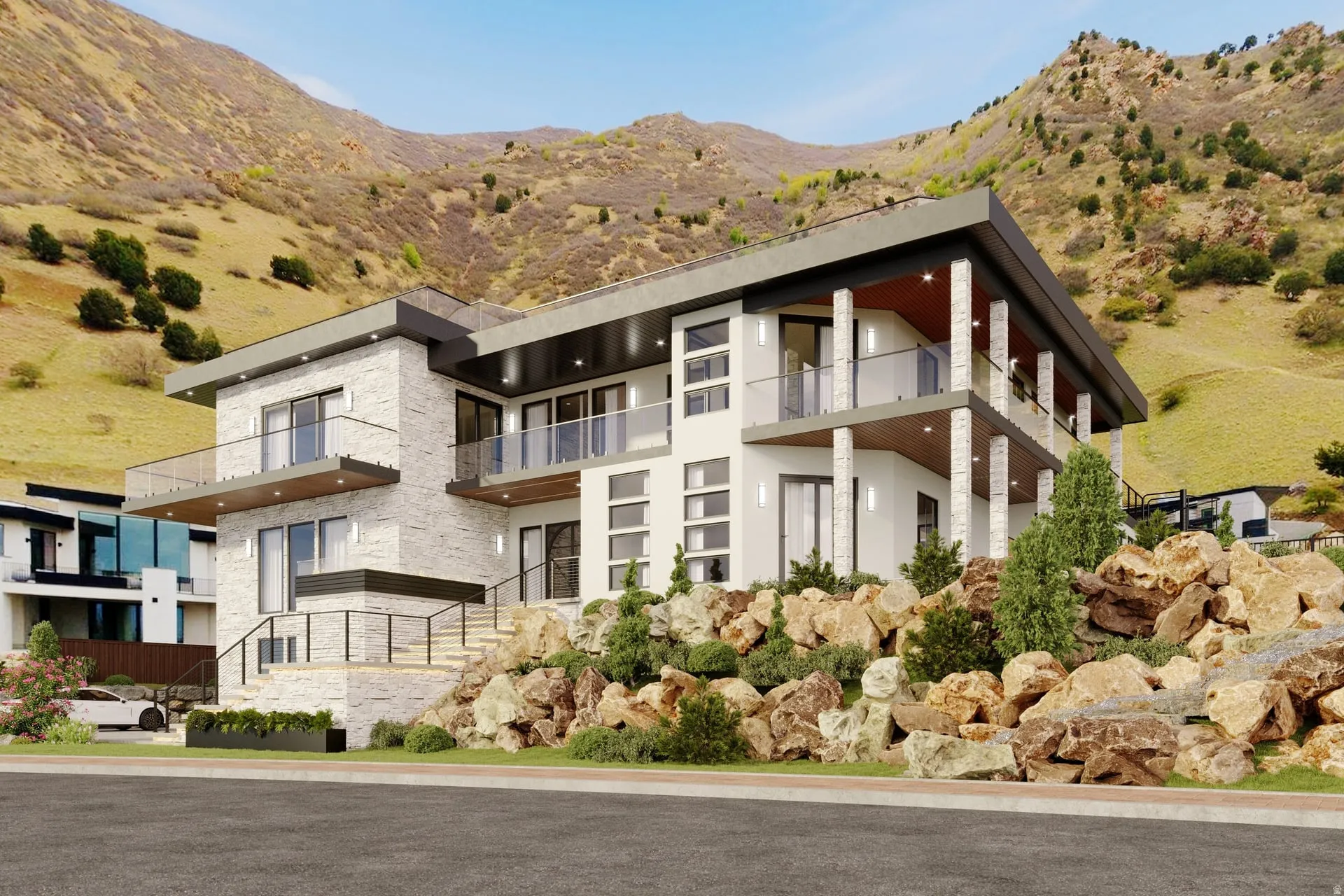 Modern exterior architecture with stacked stone accents