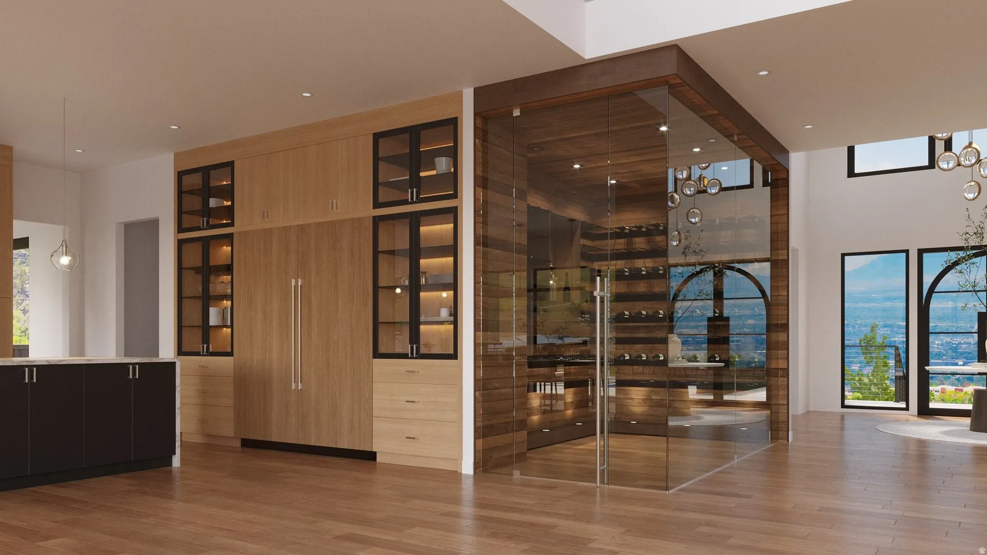 Wood-finish flooring throughout, integrated wood-paneled refrigerator, custom cabinetry with glass-front display, and a glass-enclosed wine storage unit