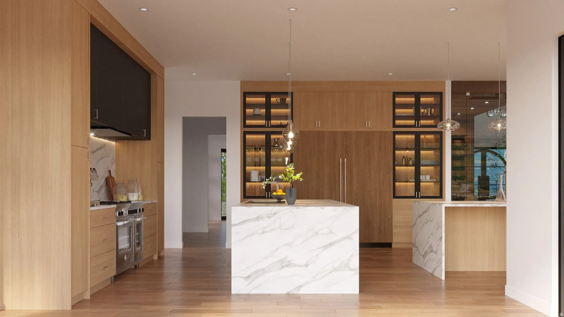 Wood-finish flooring, central island with slab countertop, built-in stainless steel appliances, wood-finish cabinetry, and glass-front display cabinets