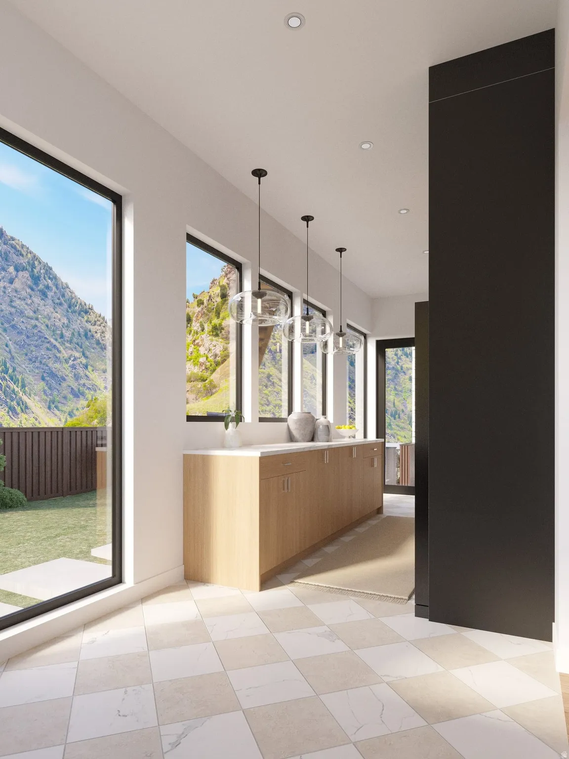 Recessed lighting, wood-finish cabinetry, light-toned countertop, four pendant lights, and large pane windows