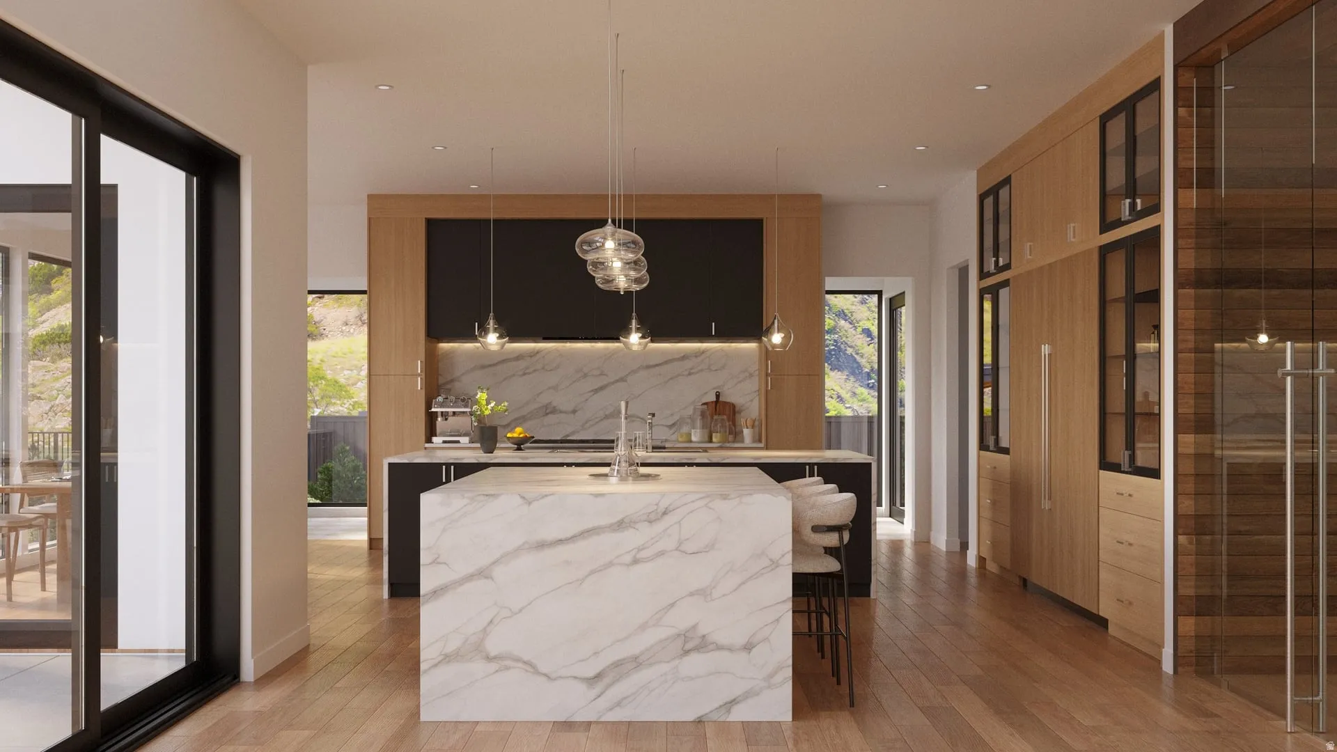 Spacious kitchen featuring a large waterfall island with integrated seating, stone backsplash, recessed lighting, and wood-finish flooring
