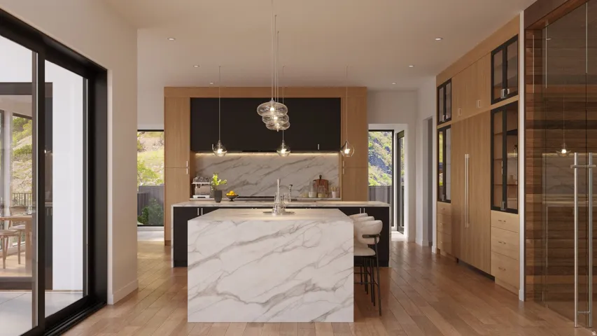 Spacious kitchen featuring a large waterfall island with integrated seating, stone backsplash, recessed lighting, and wood-finish flooring
