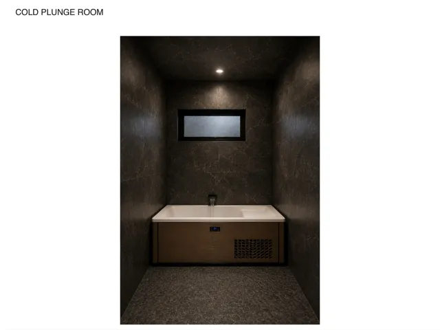 Dedicated wellness room featuring floor-to-ceiling charcoal stone-finish tiling, a built-in plunge tuhttps://assets.utahrealestate.com/photos/280x210/2180751_04f22b2b03eab89b83276e9c65cf1d57_6ad16c4c0ecbc.jpgb with integrated cooling system, recessed ceil