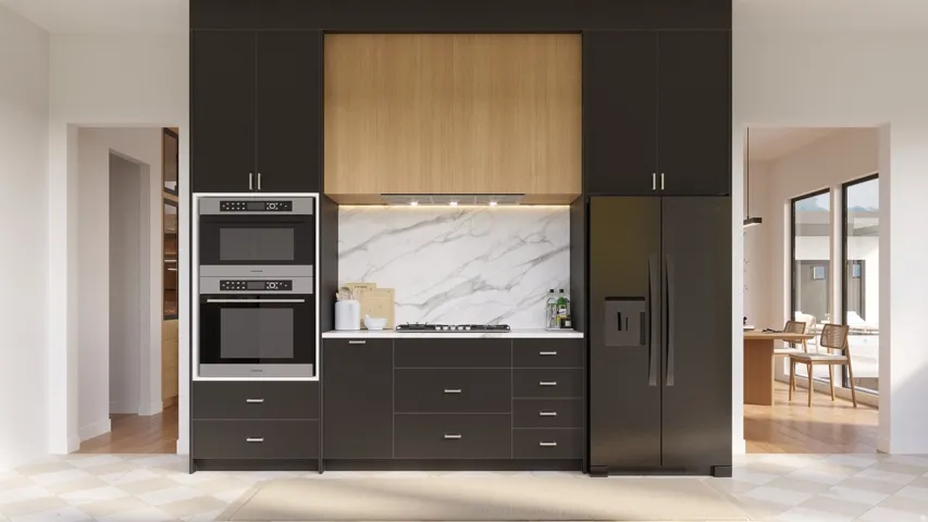 Integrated stainless steel appliances, dark cabinetry, wood-finish accents, white stone countertops, and a full-height stone backsplash