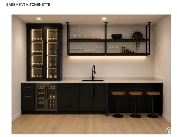 Kitchenette featuring custom matte black cabinetry, integrated glass-front wine storage, stone-finish countertops, matte black plumbing fixtures, and suspended industrial-style shelving