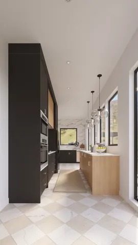 Kitchen with checkerboard tile flooring, built-in ovens, wood-finish cabinetry, and recessed lighting