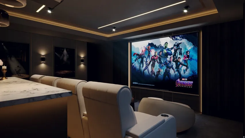 Integrated media room featuring a large projection screen, recessed ceiling lighting, and wall-mounted sconces