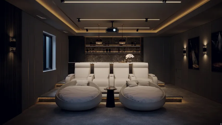 Dedicated media room featuring tiered seating, built-in shelving with integrated lighting, and a recessed ceiling with track lighting