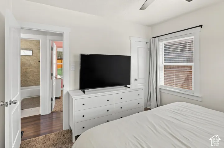Bright room featuring a window with blinds, a ceiling fan, and wood-finish flooring visible through the doorway