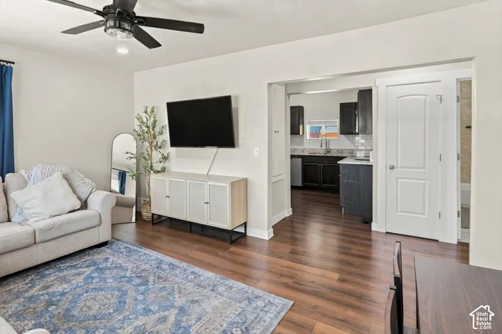 Wood-finish flooring throughout, providing a cohesive aesthetic